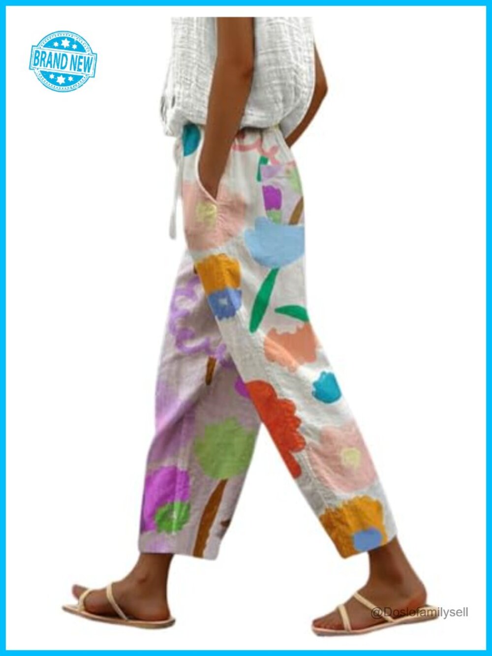 Vintage Floral Print High Elastic Waist Wide Leg Capri Pants with Pockets